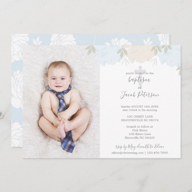 Soft Pastel Blue Peonies Kor Boy Baptism Inbjudningar (Fram/baksida)