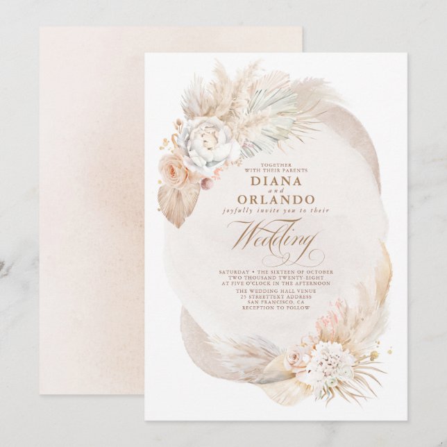 Soft Pastel Cream och Ivory Blommigt Boho Bröllop Inbjudningar (Fram/baksida)