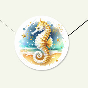 Soft Pastel Ocean Coastal Seahorse Bröllop Runt Klistermärke