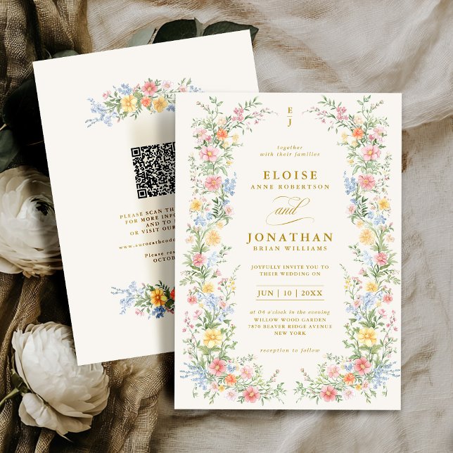 Soft Pastel Ornate Spring Floral QR Code Wedding Inbjudningar (Soft Pastel Ornate Spring Floral QR Code Wedding Invitation)