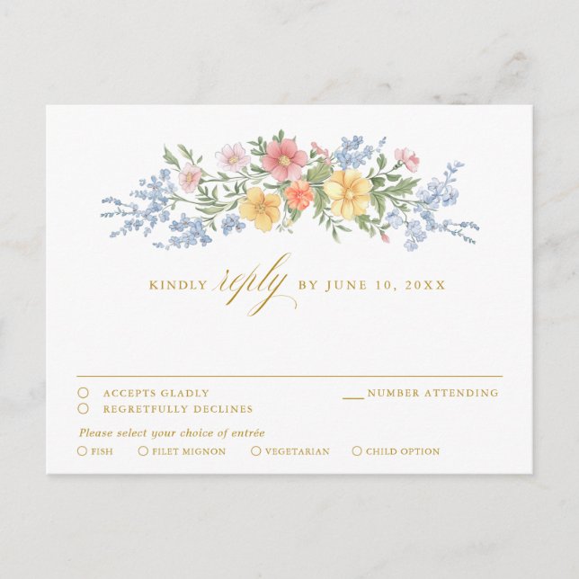 Soft Pastel Ornate Spring Garden Floral gold RSVP Vykort (Framsida)