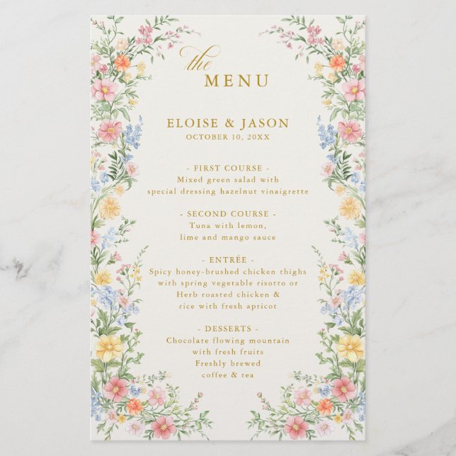 Soft Pastel Ornate Spring Garden Gold Wedding Menu (Framsida)