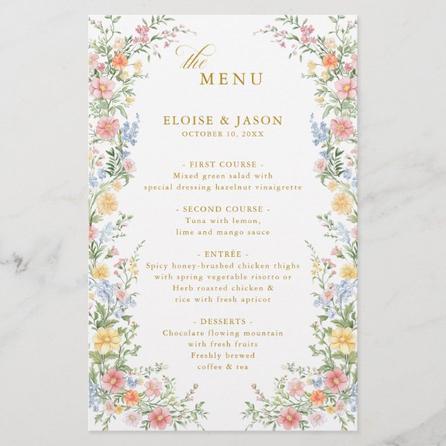 Soft Pastel Ornate Spring Garden Gold Wedding Menu (Framsida)