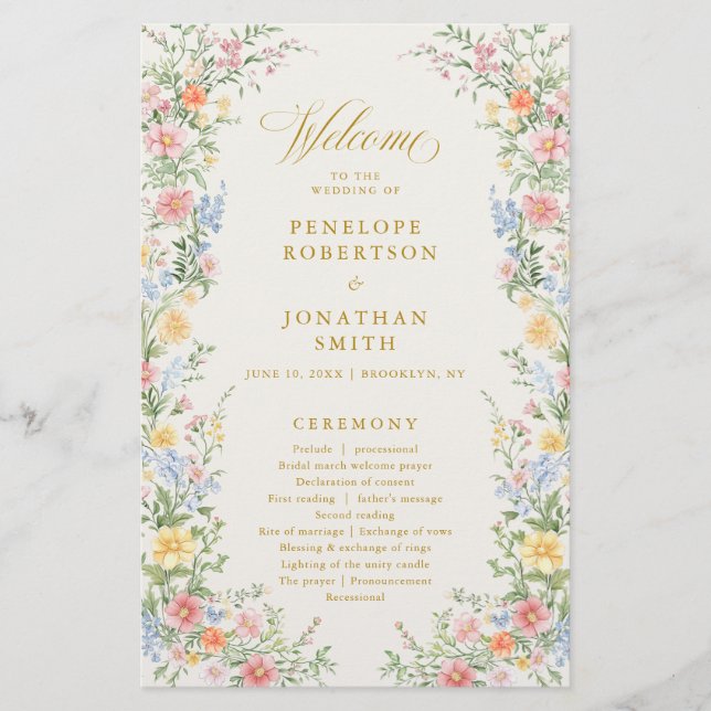 Soft Pastel Ornate Spring Gold  Wedding Program  (Framsida)
