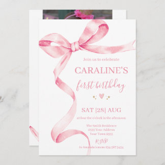 Soft Pastel Pink Bow 1st Birthday  Inbjudningar