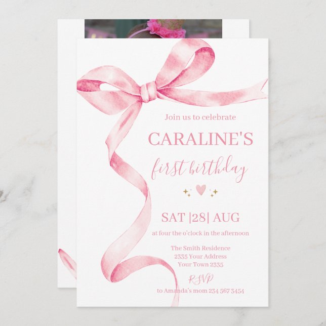 Soft Pastel Pink Bow 1st Birthday  Inbjudningar (Fram/baksida)