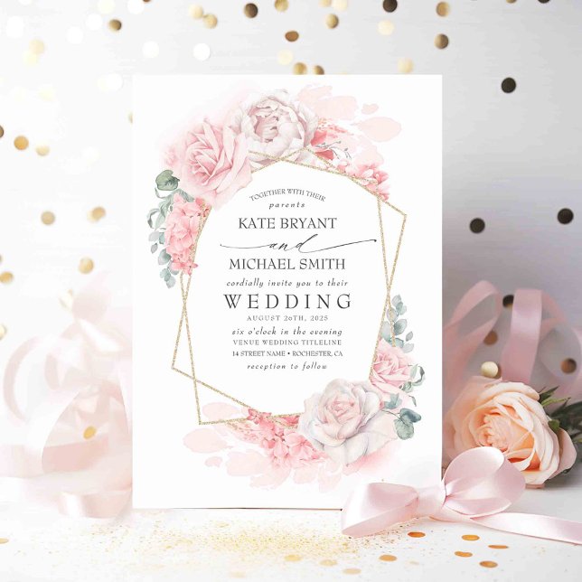Soft Pastel Rosa Flowers Elegant Romantic Bröllop Inbjudningar (Pink Floral Wedding Invitations)