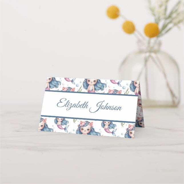 Soft Pastel Sjöjungfru Kitten Girl Birthday Placeringskort (Framsida)