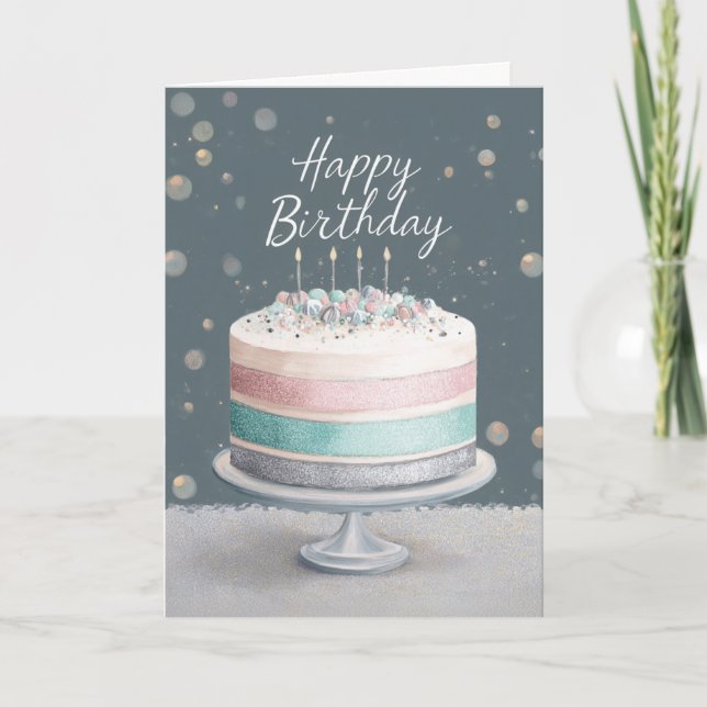 Soft Pastels Pink, Teal & Silver Birthday Cake Kort (Framsida)