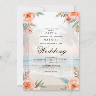 Soft Peach Blommigt Beach Wedding Inbjudningar