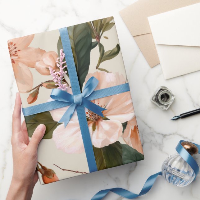 Soft Peach Blossom Ivory Floral Pattern Presentpapper (Gifting)