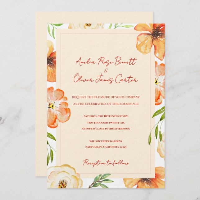 Soft Peach Garden Meadow Floral Wedding Invitation Inbjudningar (Fram/baksida)