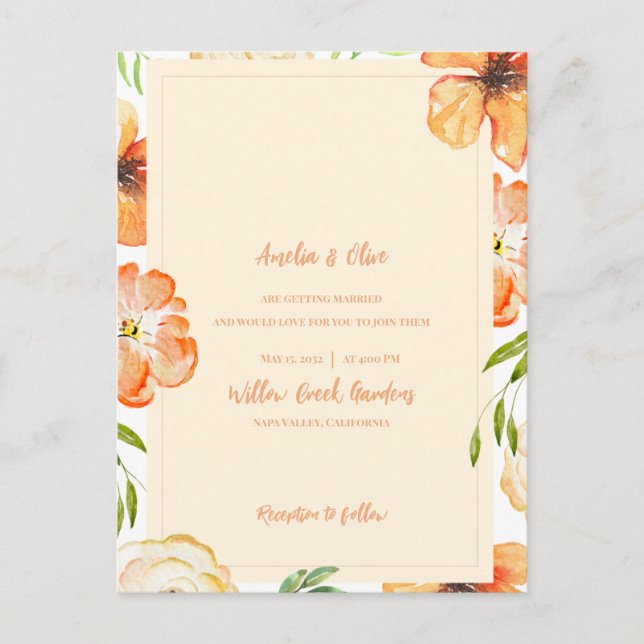 Soft Peach Garden Meadow Florals Wedding Inbjudan Vykort (Framsida)