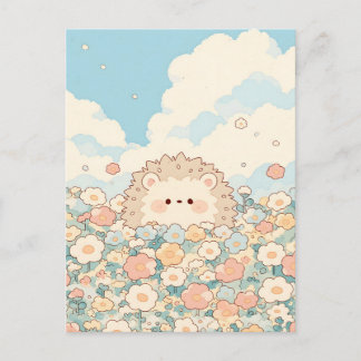 Soft Peach Meadow Kawaii Hedgehog Vykort