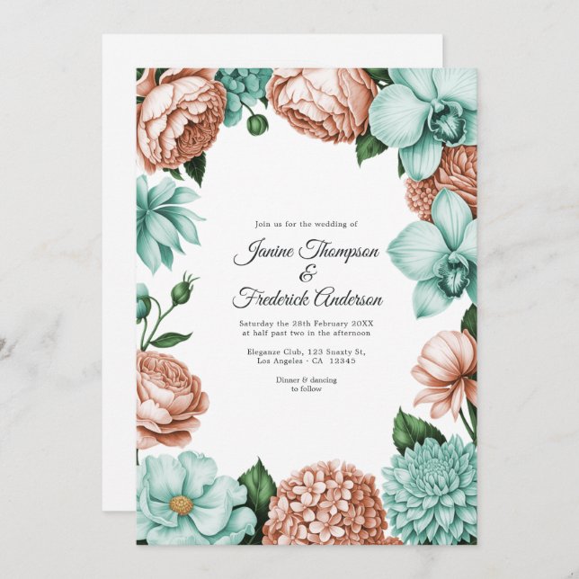 Soft Peach & Mint Watercolor Floral Wedding Inbjudningar (Fram/baksida)