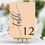 Soft Peach Modern Calligraphy Bröllop Bordsnummer<br><div class="desc">Följ gästerna till deras platser med de här chic elegant mjuka persikobordsnumren i bröllop. De här bordsnumren har en minimalistisk design med modern kalligrafi och ger dig en smula sofistikering till din bröllopsmottagning. Den mjuka bakgrunden och den rena typografin i eleganten säkerställer att den är enkel att läsa samtidigt som...</div>