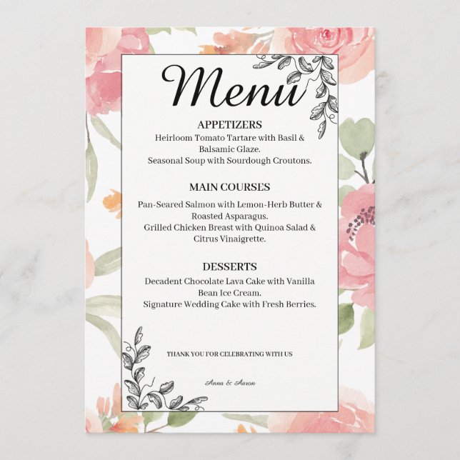 Soft Peach Spring Garden Wedding Menu Meny (Framsida)