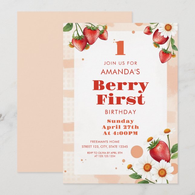 Soft Peach Tones Jordgubbar Daisy 1:a födelsedagen Inbjudningar (Fram/baksida)
