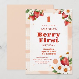 Soft Peach Tones Jordgubbar Daisy 1:a födelsedagen Inbjudningar