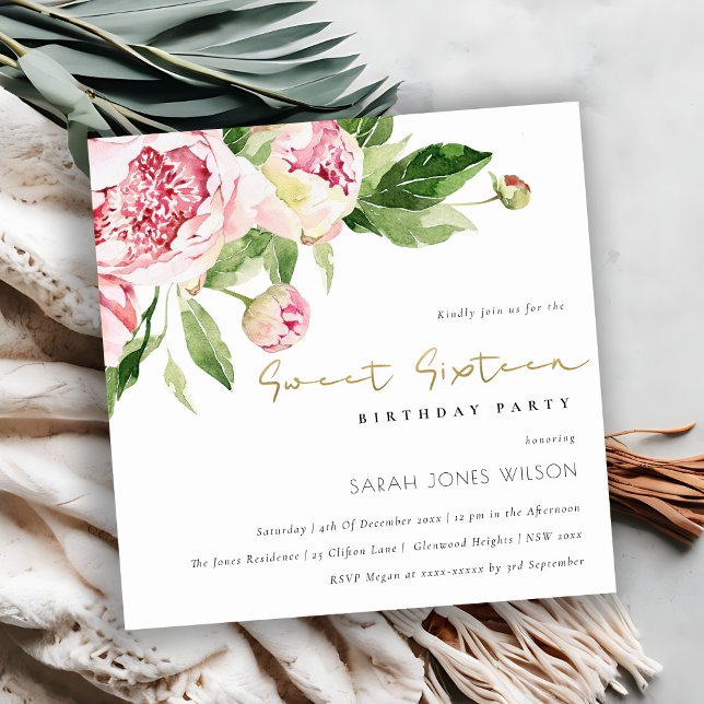 Soft  Peony Blommigt Sweet sixteen Birthday Inbjudningar (Skapare uppladdad)