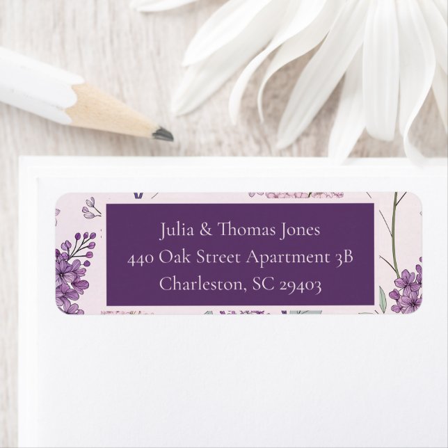 Soft Pink and Purple Lilac Floral Wedding  Returadress Etikett (Insitu)