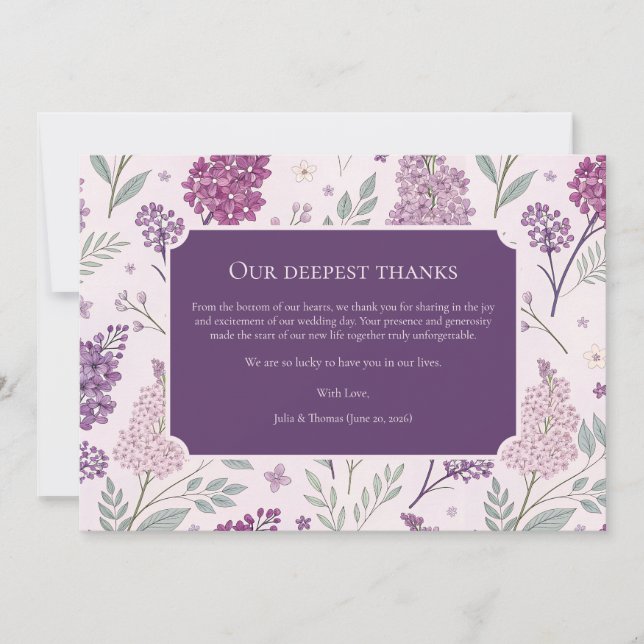 Soft Pink and Purple Lilac Floral Wedding  Tack Kort (Framsida)