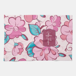 Soft Pink Bloom Floral Pattern Custom Name Kökshandduk