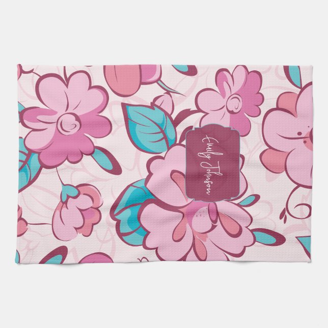 Soft Pink Bloom Floral Pattern Custom Name Kökshandduk (Horisontell)
