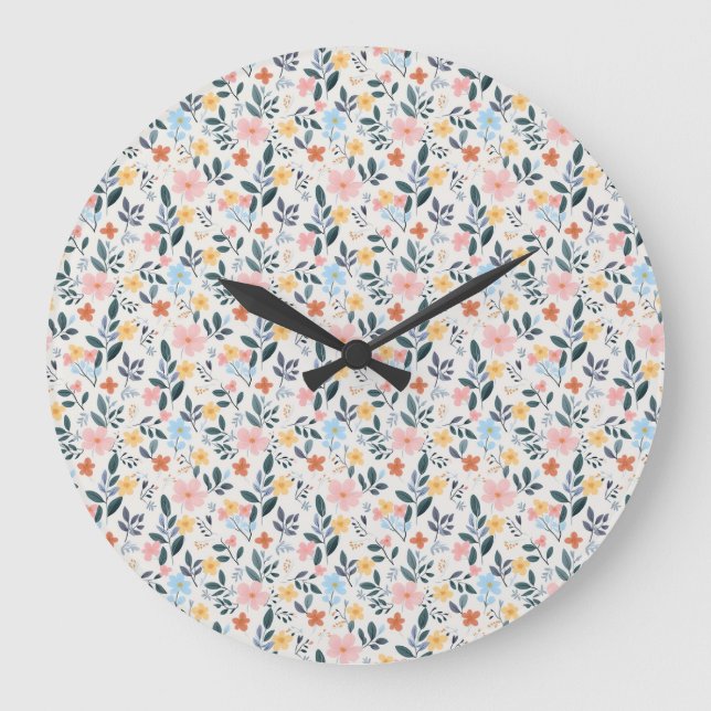 Soft Pink Blue Ditsy Flower Print Stor Klocka (Framsida)
