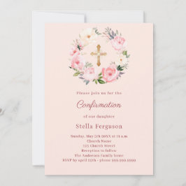 Soft pink blush florals cross Confirmation Inbjudningar