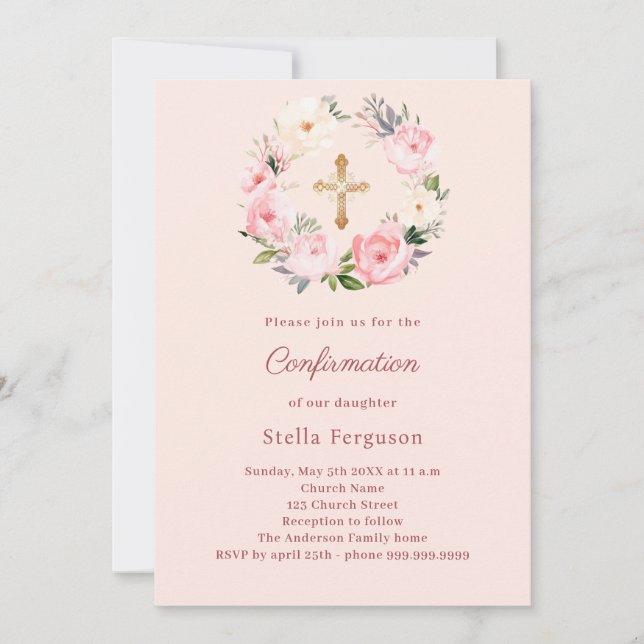Soft pink blush florals cross Confirmation Inbjudningar (Framsida)