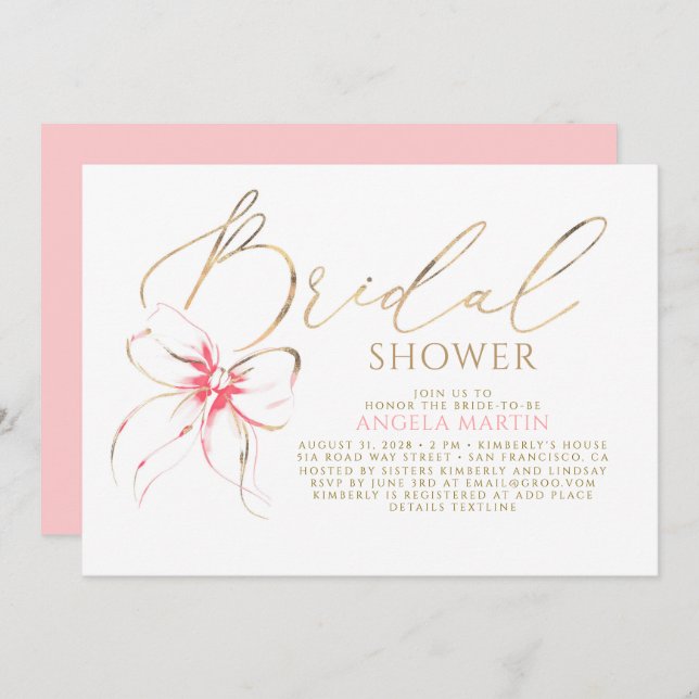 Soft Pink Bow Elegant Romantic Bridal Shower Inbjudningar (Fram/baksida)