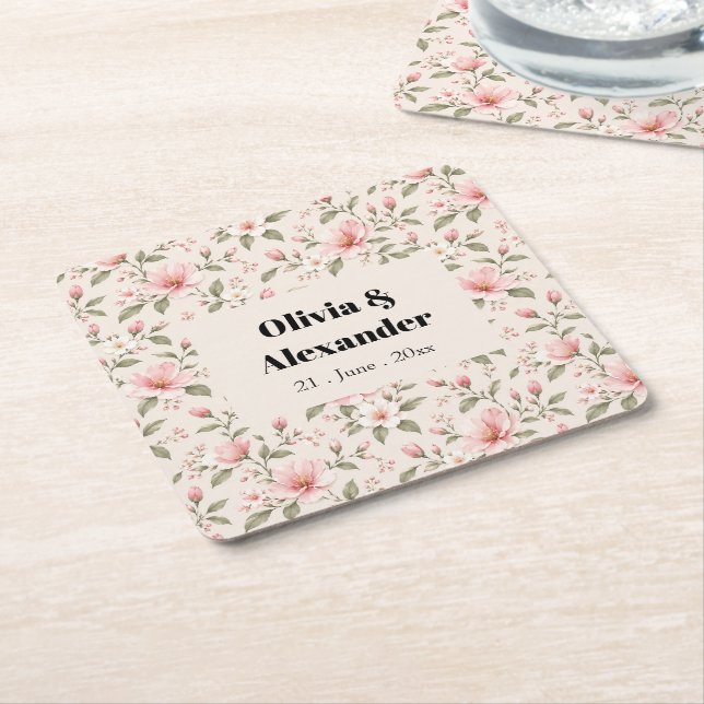 Soft Pink Cherry Blossom Floral Seamless Pattern Underlägg Papper Kvadrat (Vinklad)