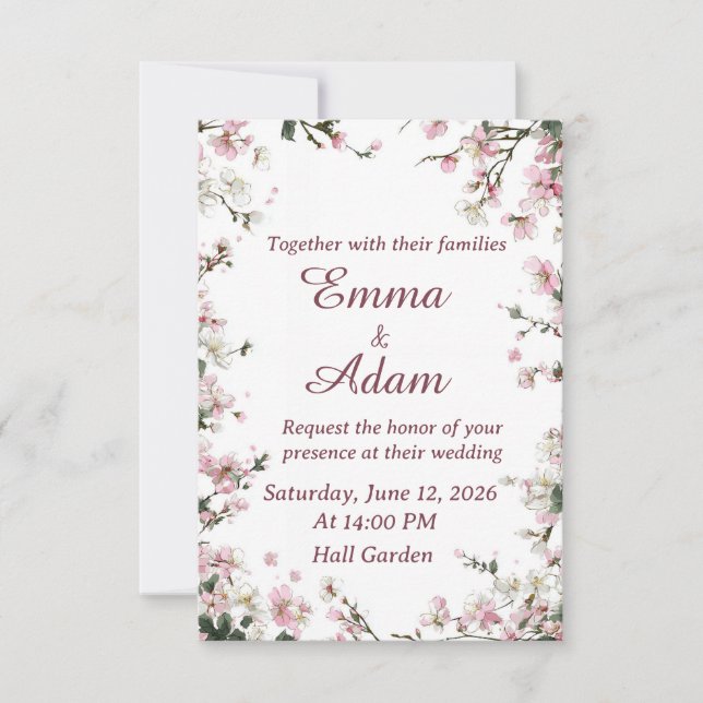 Soft Pink Cherry Blossom Floral Wedding Invitation (Framsida)