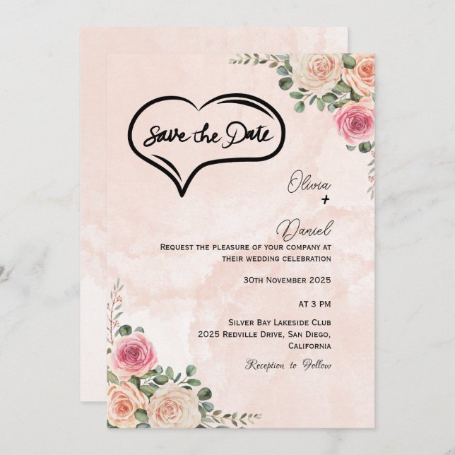 Soft Pink Cream Floral Wedding Save the Date  Inbjudningar (Fram/baksida)
