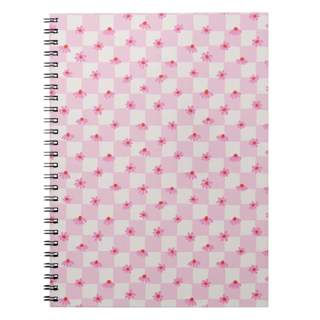 Soft Pink Daisy Checkerboard Floral Pattern Anteckningsbok (Framsidan)