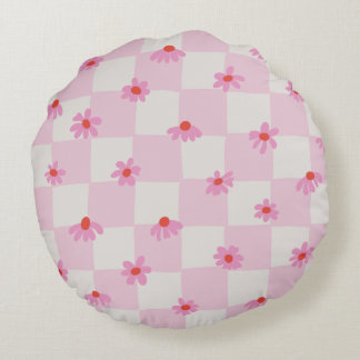 Soft Pink Daisy Checkerboard Floral Pattern Rund Kudde
