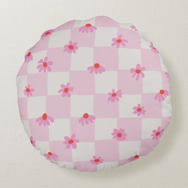 Soft Pink Daisy Checkerboard Floral Pattern Rund Kudde (Baksidan)