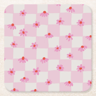 Soft Pink Daisy Checkerboard Floral Pattern Underlägg Papper Kvadrat