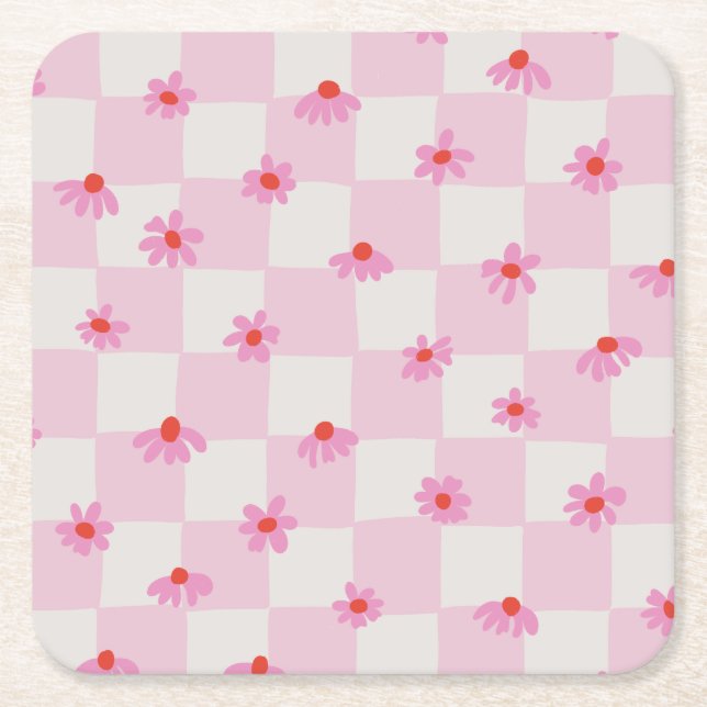 Soft Pink Daisy Checkerboard Floral Pattern Underlägg Papper Kvadrat (Framsidan)