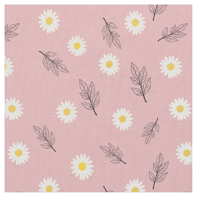 Soft Pink Daisy Scatter Combed Cotton Fabric Tyg (Närbild)