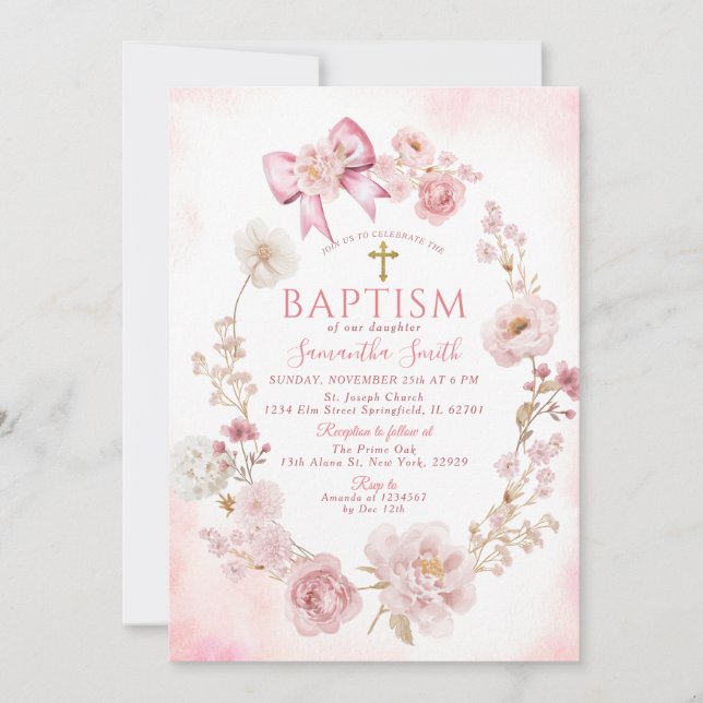 Soft Pink Dusty Rose Floral Cross Girl Baptism Inbjudningar (Framsida)