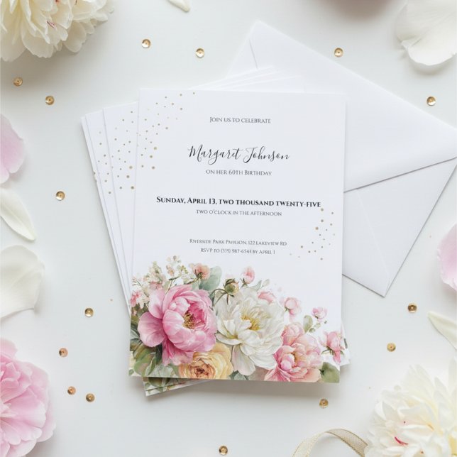 Soft Pink Floral 60th Birthday Inbjudningar (Soft pink and white floral 60th birthday invitation with gold accents and elegant typography)