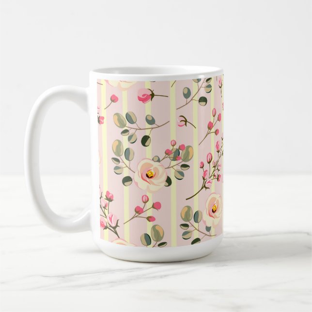 Soft Pink Floral Stripe Pattern Kaffemugg (Vänster)