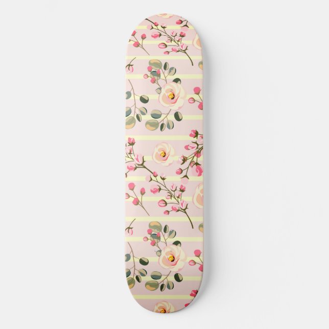 Soft Pink Floral Stripe Pattern Mini Skateboard Bräda 18,5 Cm (Framsida)