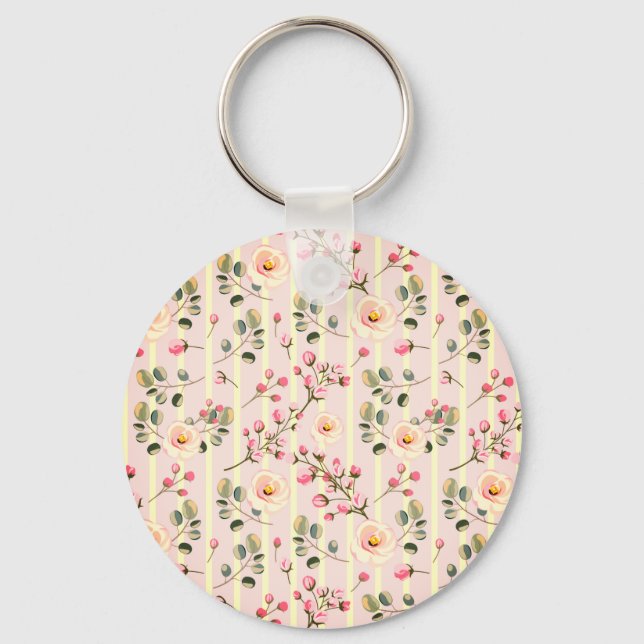 Soft Pink Floral Stripe Pattern Nyckelring (Framsida)