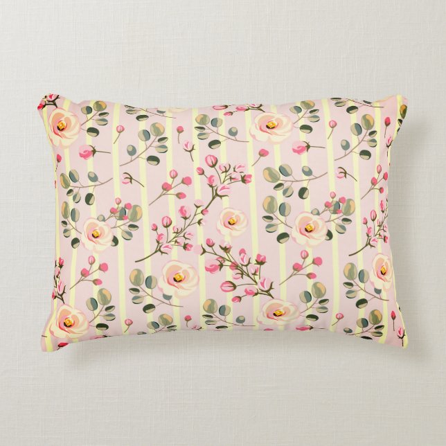 Soft Pink Floral Stripe Pattern Prydnadskudde (Framsidan)