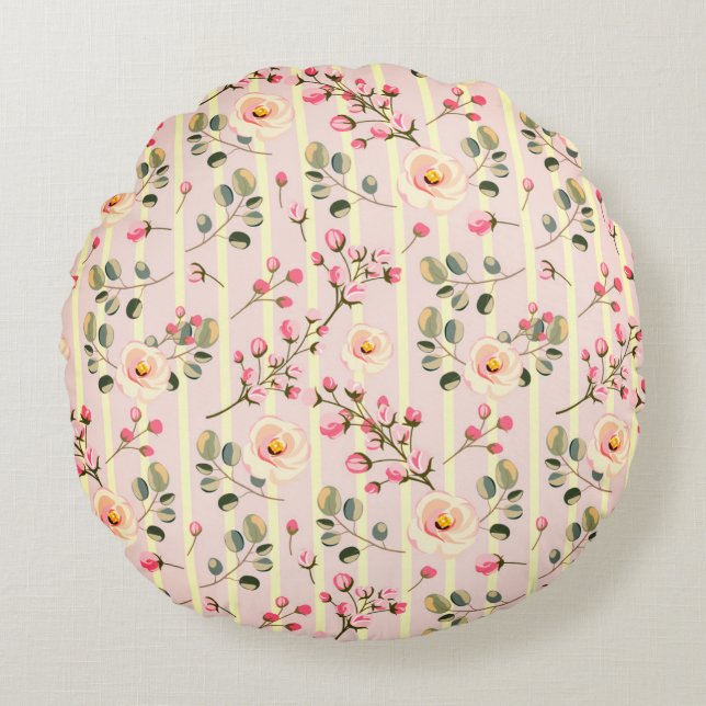 Soft Pink Floral Stripe Pattern Rund Kudde (Framsidan)