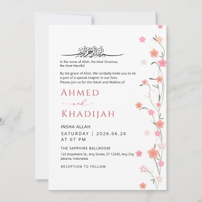 Soft Pink Floral Vine Islamic Wedding Nikah Inbjudningar (Framsida)