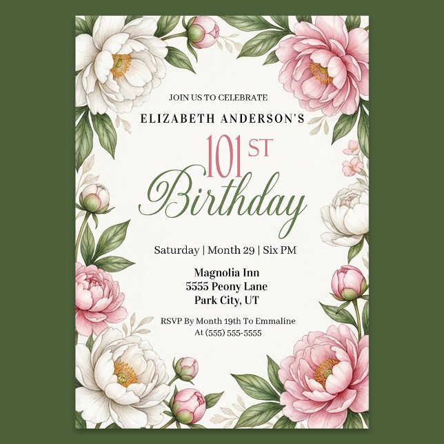 Soft Pink Magnolia and Peony 101st Birthday  Inbjudningar (Elegant 101st birthday invitation featuring soft pink peonies white magnolia flowers green leaves )